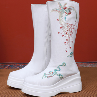 秋冬古风汉服鞋子女坡跟内增高明制圆头厚底武侠皂靴白色厚底靴