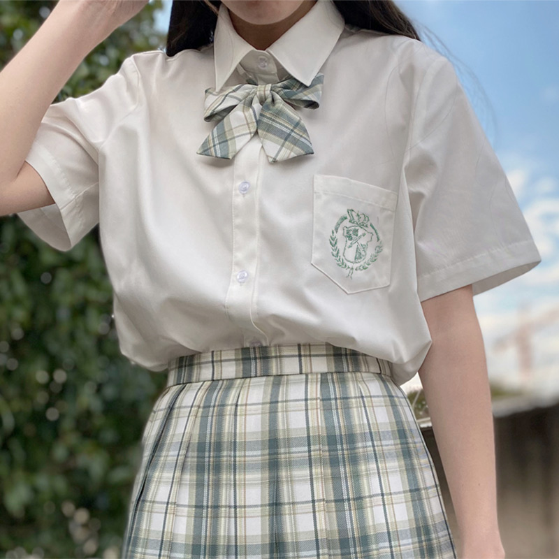 正统JK刺绣衬衫奶白色制服衬衣长袖短袖女学生米白 学院风校供