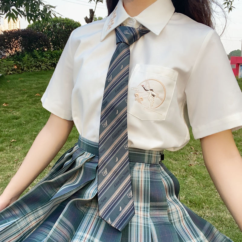 【寻月】原创JK短袖刺绣衬衫仙鹤黑夏季女制服中袖日系衬衣白寸衫