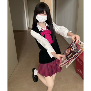 妙氏原创JK制服背心马甲格裙套装甜美收腰老头衫针织无袖毛衣秋