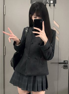 妙氏原创jk灰色妮子大衣收腰短款双排扣小个子修身秋冬外套女