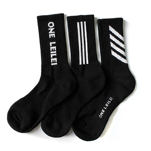 3双 男袜子中长筒毛巾底加厚保暖纯棉字母条纹潮流滑板街头嘻哈韩