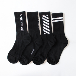 4双长筒袜男长袜高帮纯棉黑色字母条纹潮流嘻哈滑板街头韩版 套装