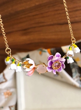 彩绘紫银莲花瓣宝石项链