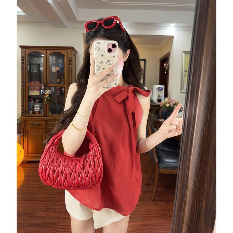 红色无袖上衣套装2025新款女装夏款小个子穿搭阔腿短裤时尚两件套