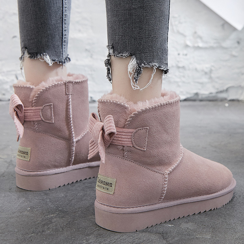 雪地靴女短筒2021新款真皮加绒大码女靴子冬季蝴蝶结加厚学生棉鞋