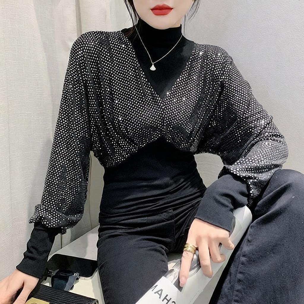 欧货潮牌秋半高领长袖打底衫亮片拼接T恤女时尚蝙蝠袖上衣套头