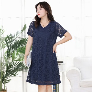夏季V领蕾丝连衣裙胖mm宽松遮肚中长款裙子200斤显瘦a字长裙