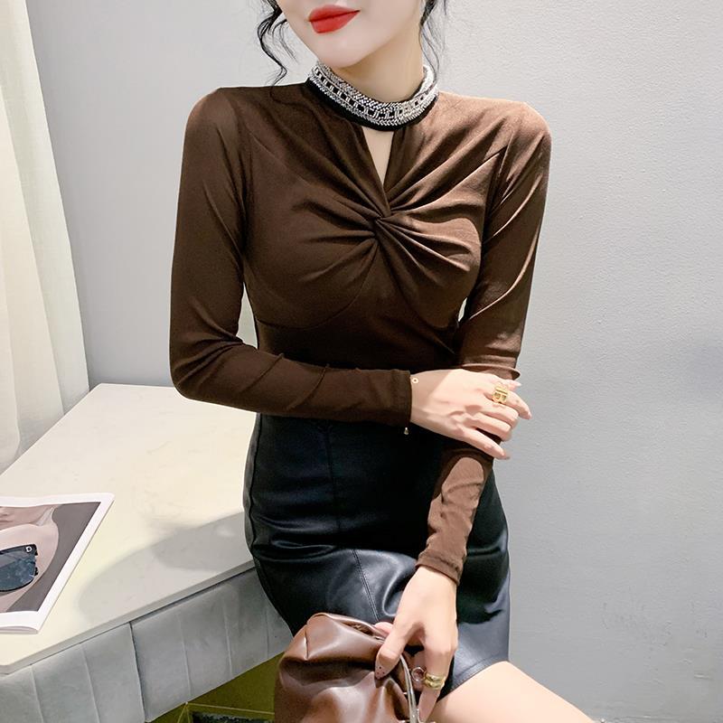 2023秋季高领网纱打底衫女修身内搭镂空性感轻奢钉珠洋气上衣T恤