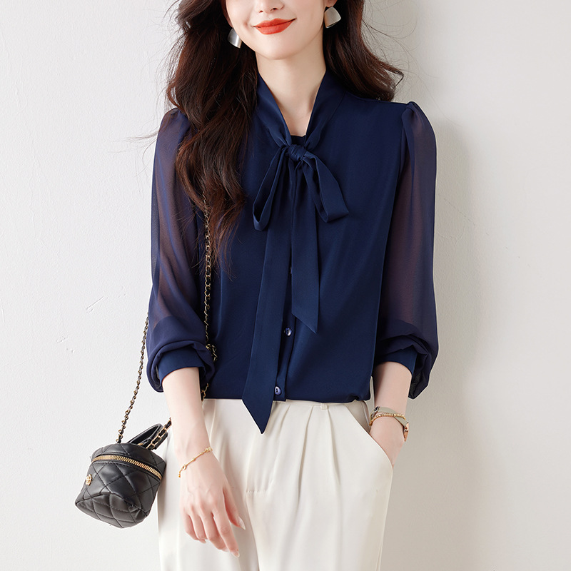 深蓝色衬衫女2025长袖雪纺衬衣洋