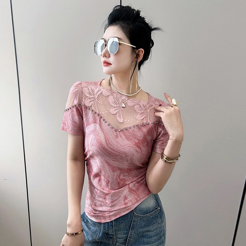 时尚一字花边领钉钻短袖压钻打底衫女夏修身显瘦性感镂空网纱t恤
