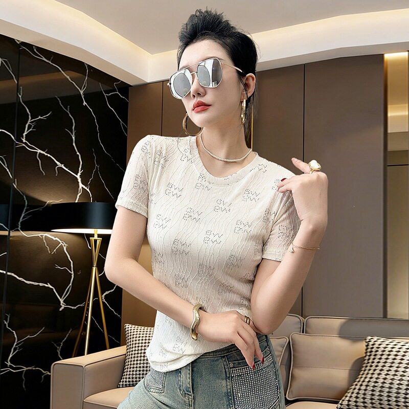 跨境春夏圆领短袖镂空烫钻网纱t恤女时尚修身打底衫潮EZF8393#