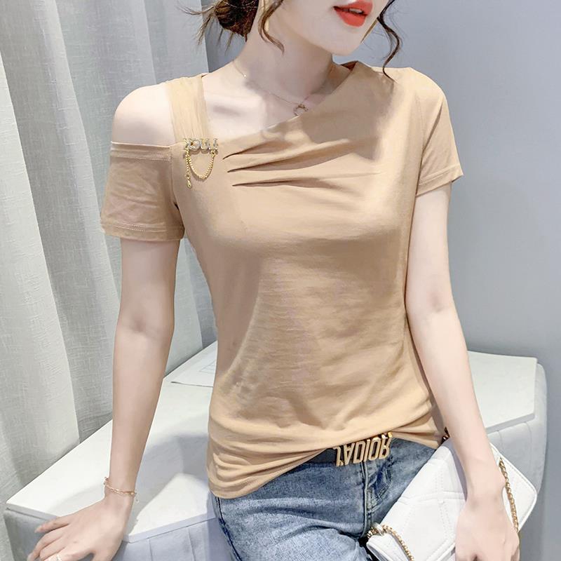 欧货韩版T恤女2025夏季漏肩时髦修身卡色短袖小衫潮YM2086#休闲风