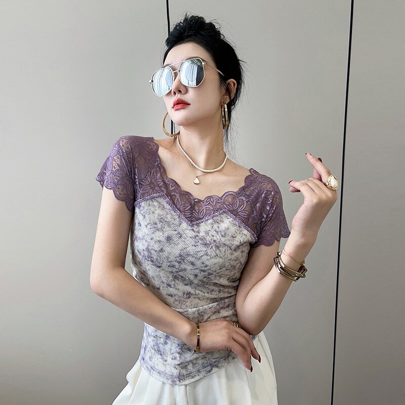 性感镂空花纹蕾丝U型方领时尚钉珠短袖T恤女夏冰丝网纱短款打底衫