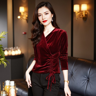 新款 安可拉红丝绒上衣打底衫内搭秋季2024洋气绑定结T恤小衫长袖