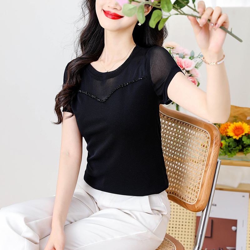 新款 2025夏季圆领钉珠网纱内搭洋气修身打底衫女黑色短袖T恤上衣