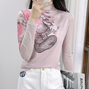 高领网纱t恤女定位花上衣实拍HD0929 洋气长袖 2025时尚 欧货女装