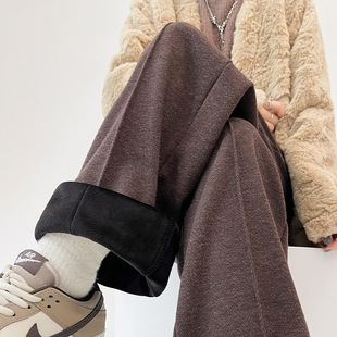 慵懒人字纹设计感中线阔腿裤女秋冬高腰直筒显瘦针织加绒休闲裤子