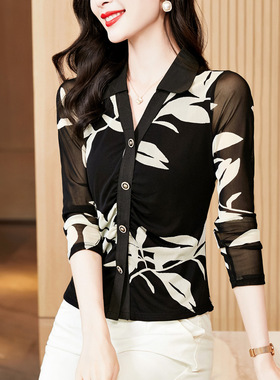 2023洋气百搭修身印花翻领网纱长袖衬衫打底衫女T恤常规E37M2730