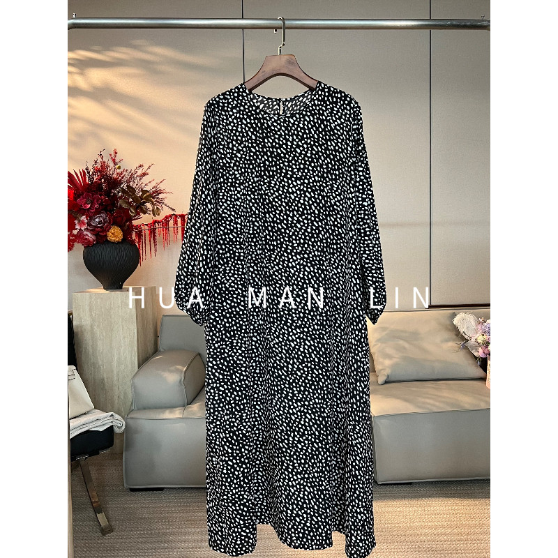花滿林圆领后扣波点双绉真丝桑蚕丝长袖连衣裙261986