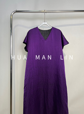 【花满林】V领35MM缎面龟裂纹香云纱桑蚕丝双面穿紫色连衣裙25197