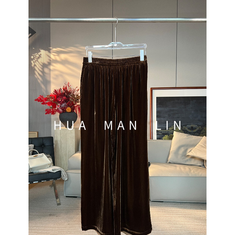 花滿林全松紧腰净版真丝桑蚕丝丝绒咖色长裤261871
