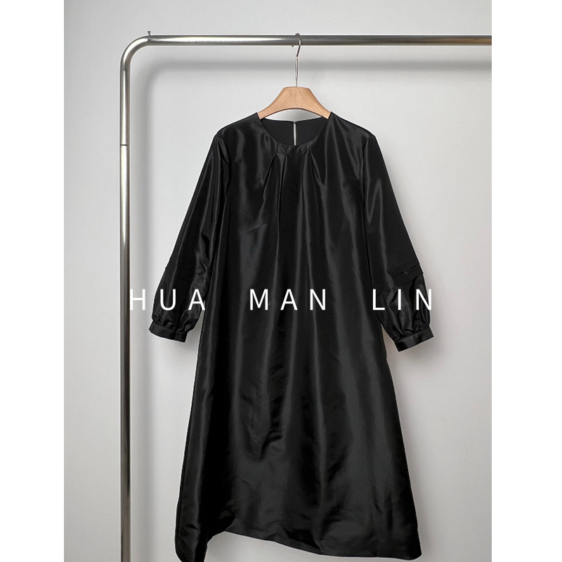 花滿林圆领捏褶26MM塔夫绸真丝桑蚕丝连衣裙8130