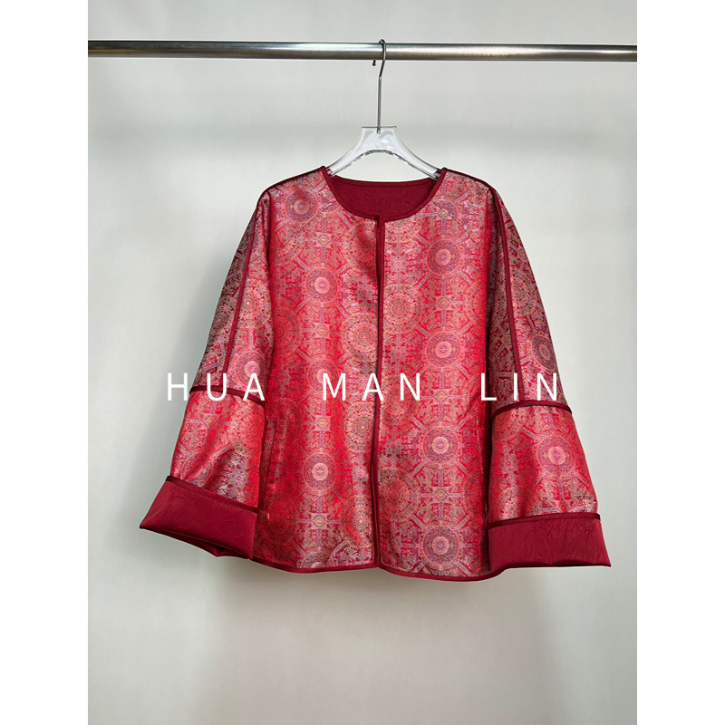 【花满林】‘八达运’圆领正门襟辑边真丝桑蚕丝双面穿外套259912