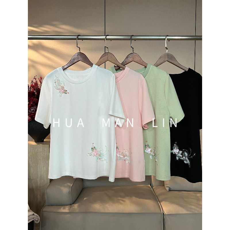 花滿林四色圆领手工钉珠花朵休闲短袖上衣26172