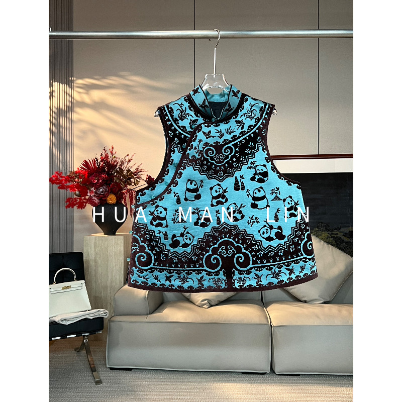 【 ，彩蛋】立领斜门襟撞色熊猫漳绒真丝桑蚕丝马夹268649