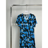 连衣裙259772 V领黑蓝花鬼绉桑蚕丝短袖 花满林