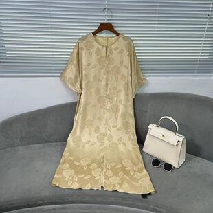 圆领一粒扣前开叉盘扣提花桑蚕丝连衣裙6806 花滿林