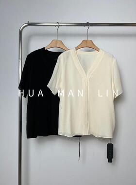 花滿林V领双层100%~鬼绉桑蚕丝短袖上衣8829