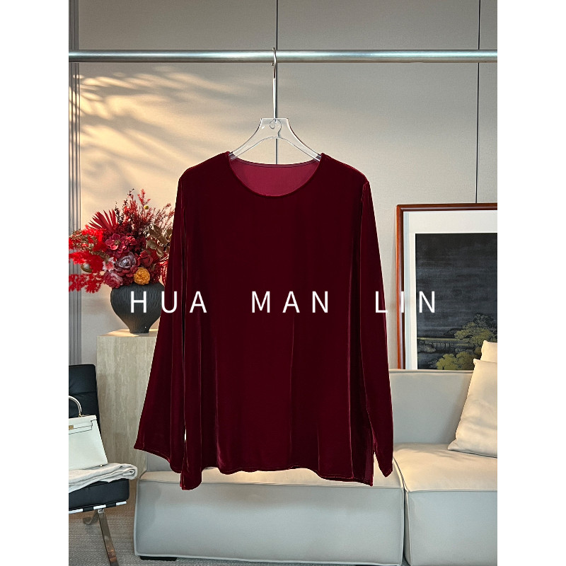 【 彩蛋】圆领净版侧边开叉真丝桑蚕丝丝绒长袖上衣261917