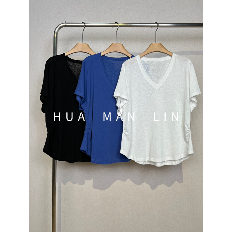 【花满林】三色鸡心领捏褶弧形下摆短袖上衣259138