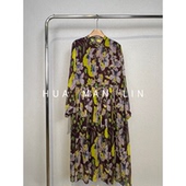 花滿林小立正门襟花朵腰部抽绳真丝桑蚕丝长袖 连衣裙245539