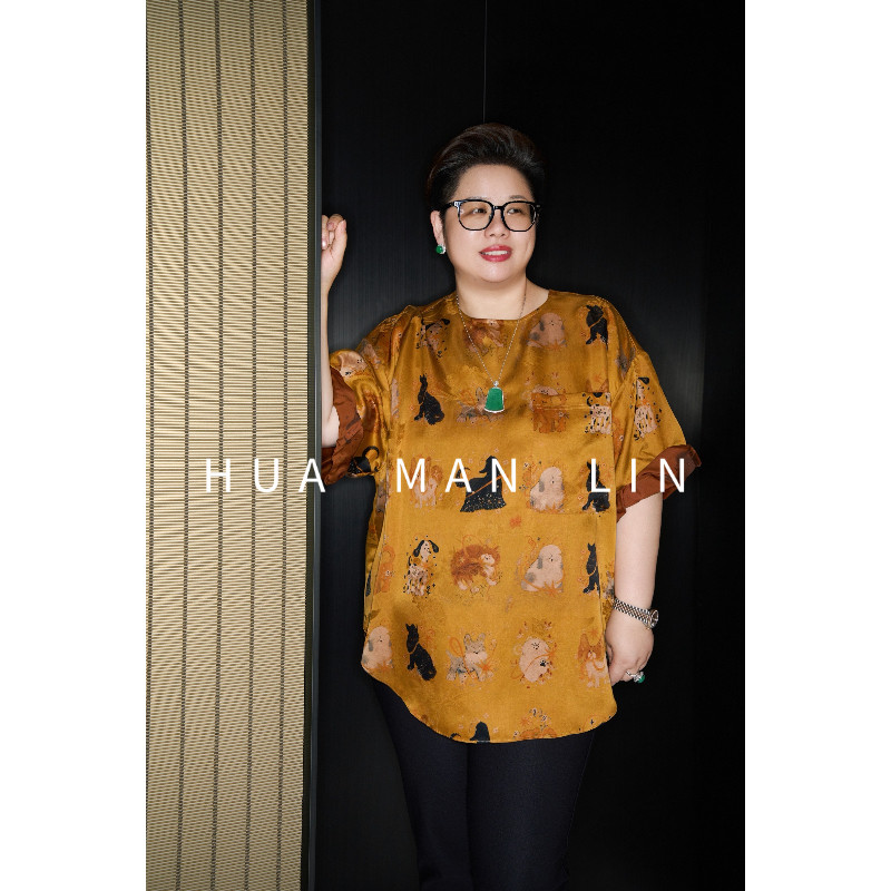 花滿林圆领后扣单边口袋小狗香云纱真丝桑蚕丝上衣268612