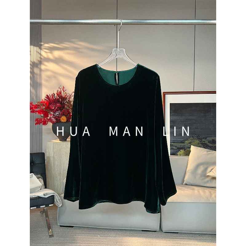 花滿林圆领净版侧边开叉真丝桑蚕丝丝绒绿色上衣261917