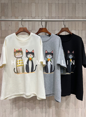 花滿林三色圆领钉珠立体花朵猫咪短袖阔版上衣88357