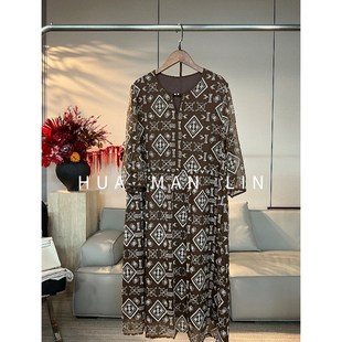 有腰带 花滿林圆领撞色重工刺绣真丝桑蚕丝长袖 连衣裙66260