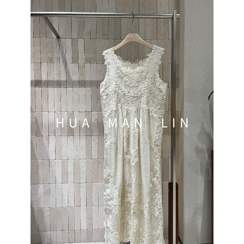 【花满林】圆领重工蕾丝花朵刺绣丝麻背心连衣裙66060