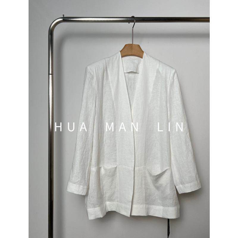 花滿林V领无扣普洗+酵洗工艺汉麻正肩白色西装【有垫肩】8388