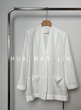 花滿林V领无扣普洗+酵洗工艺汉麻正肩白色西装【有垫肩】8388