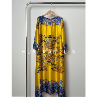 ‘龙凤呈祥’圆领26姆米真丝桑蚕丝泡泡缎连衣裙7911 花滿林