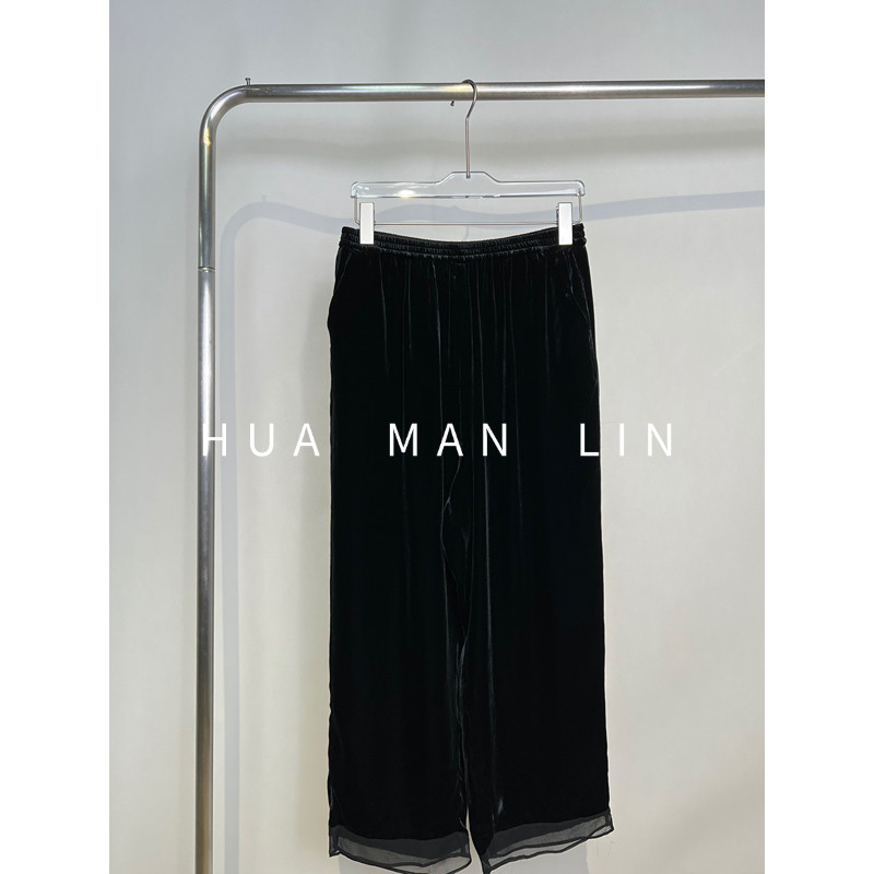 【花满林】全松紧腰拼接真丝桑蚕丝丝绒黑色休闲裤259446
