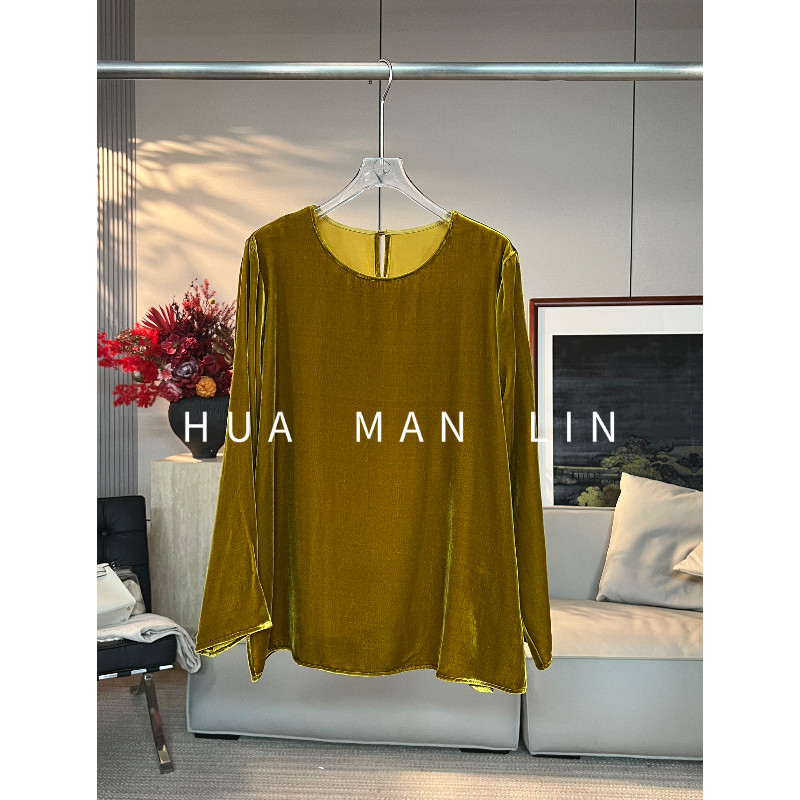花滿林圆领净版侧边开叉真丝桑蚕丝丝绒黄色长袖上衣261917