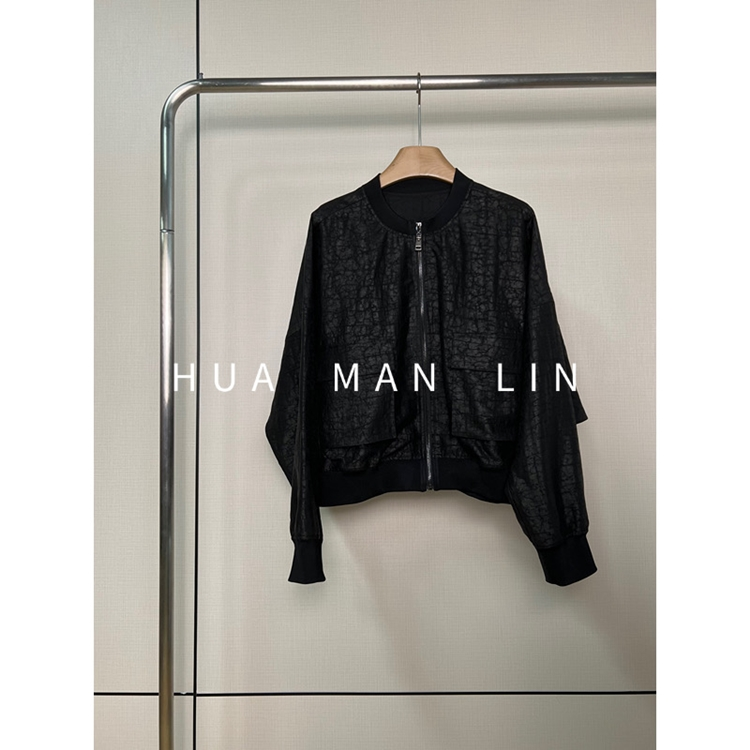 【花满林】圆领罗纹拼接双口袋龟裂纹香云纱桑蚕丝夹克外套245580