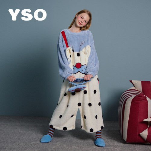 yso【酷猫系列】睡衣女冬季加绒连体女波点童趣可外穿家居服套装D