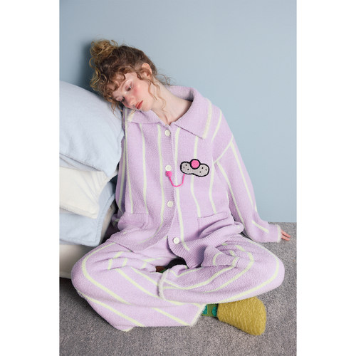 yso【酷猫系列】睡衣女冬季半边绒加厚保暖卡通两件套家居服套装D