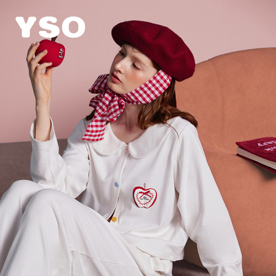 yso【礼物系列】睡衣女仿德绒秋冬新款苹果设计娃娃领家居服套装D